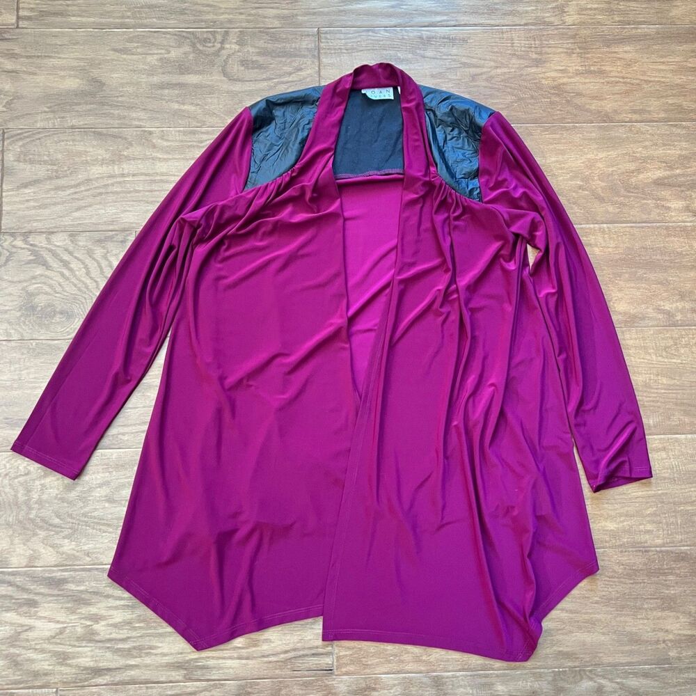 Joan Rivers Open Front Cardigan with Faux Leather Shoulder Detail Size M Magenta